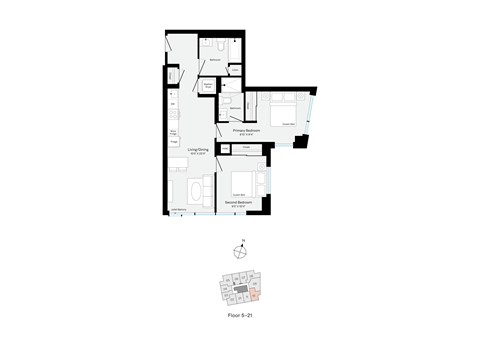 Floor plan for 2 beds, 2 baths, 770 sqft